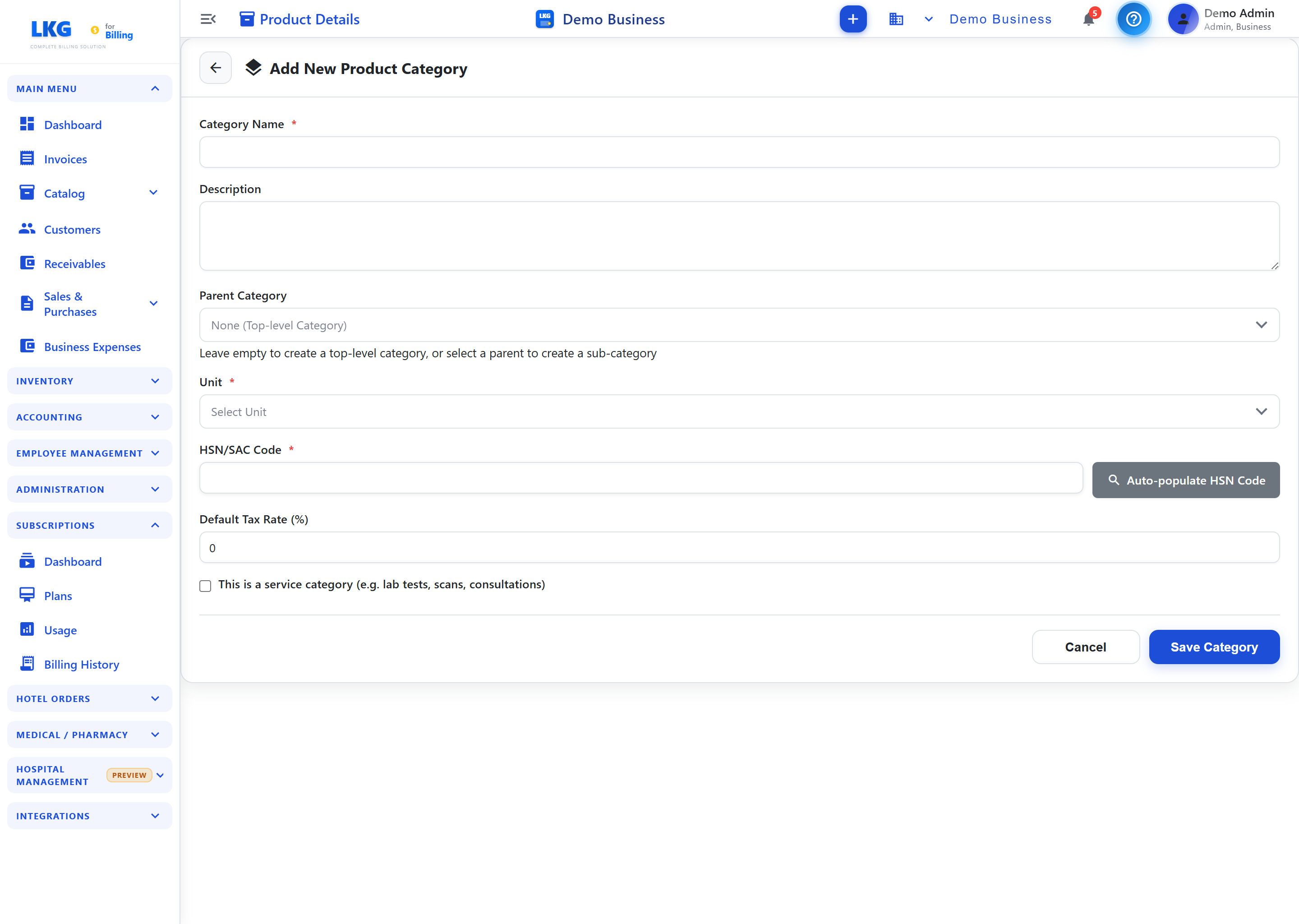 Create Product Category Form