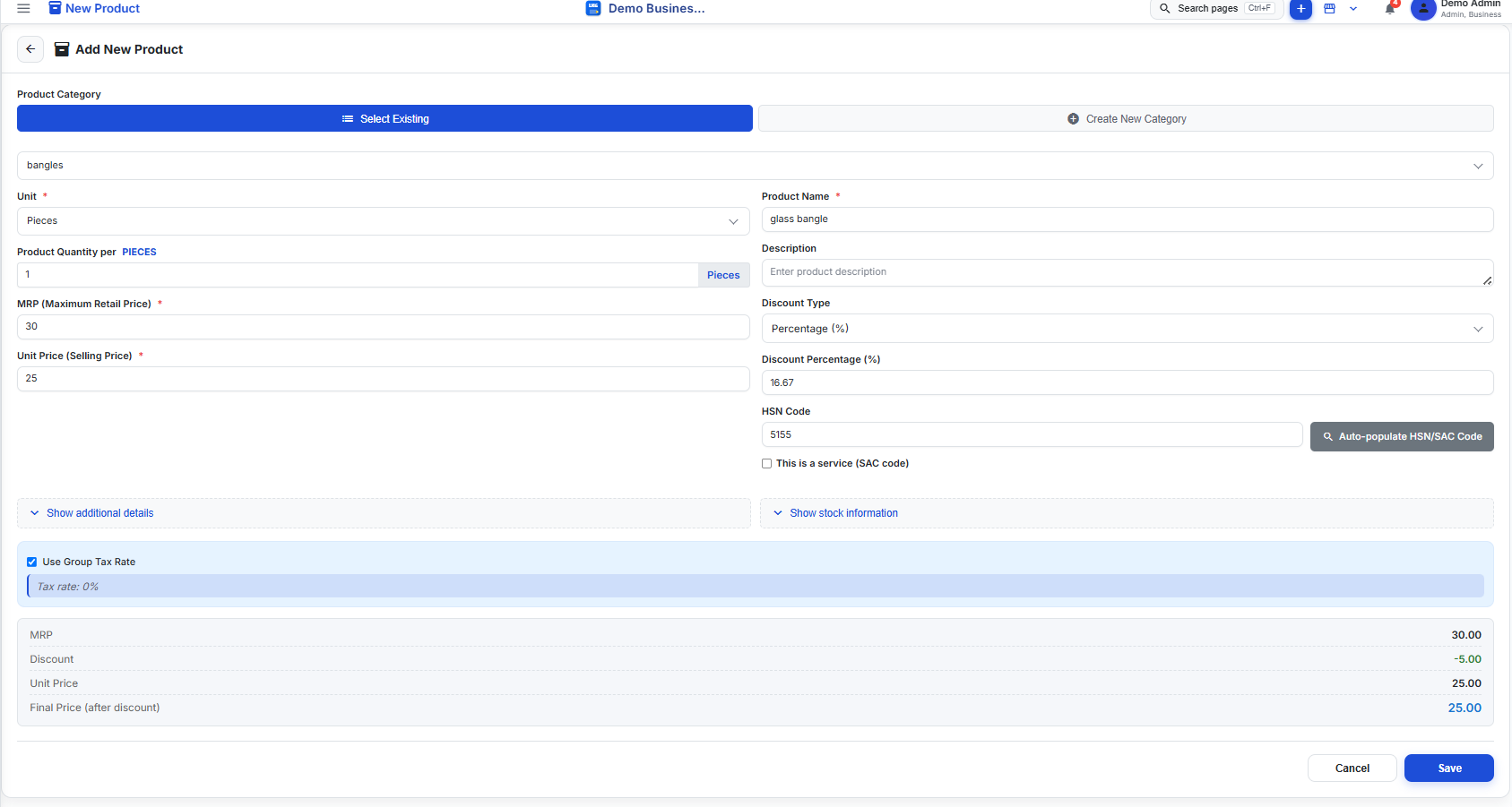 Add new product form with category and core details