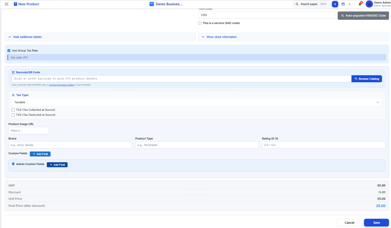 Product additional details screen with pricing, discount and HSN