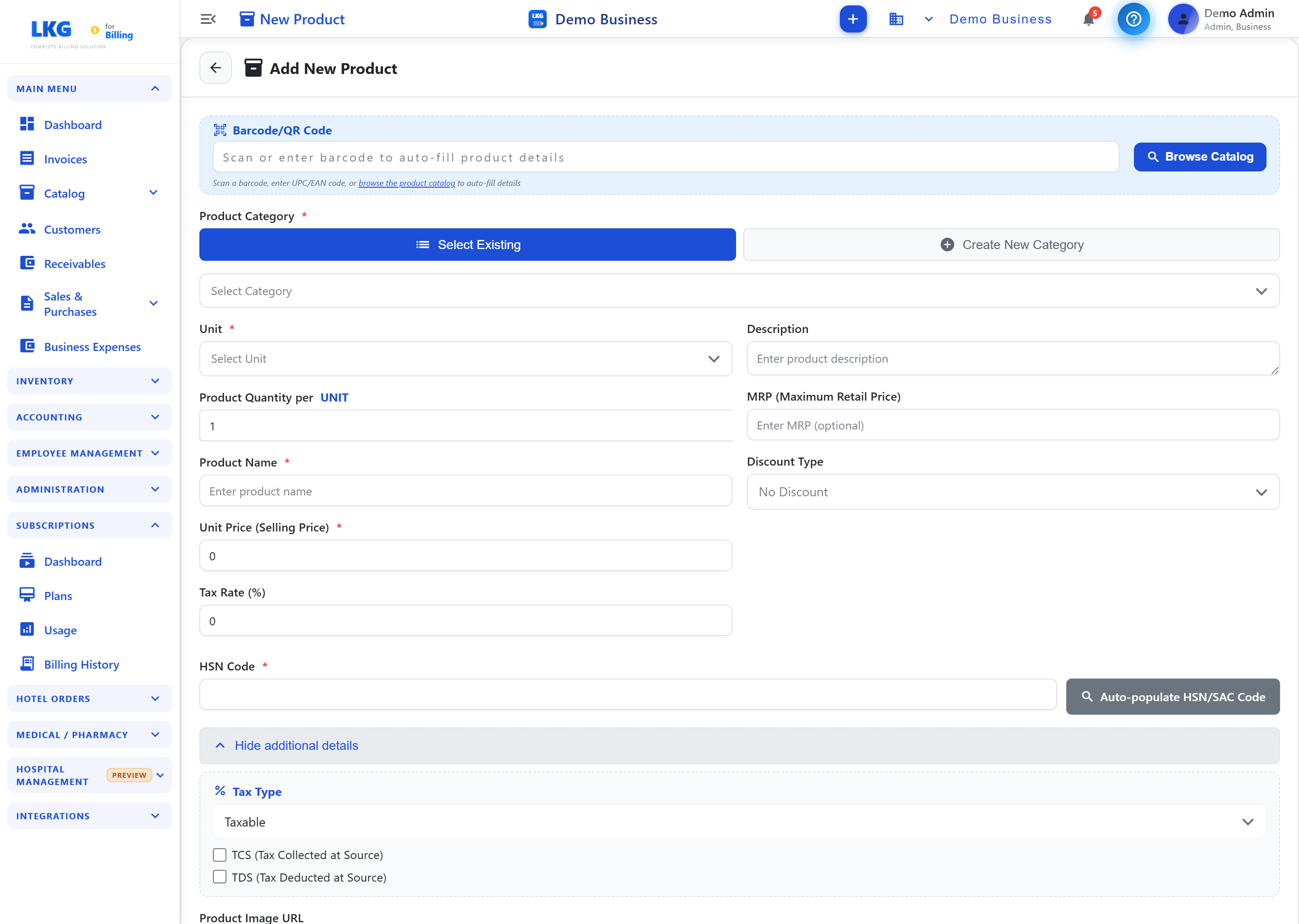 Create Product Form – Additional Details