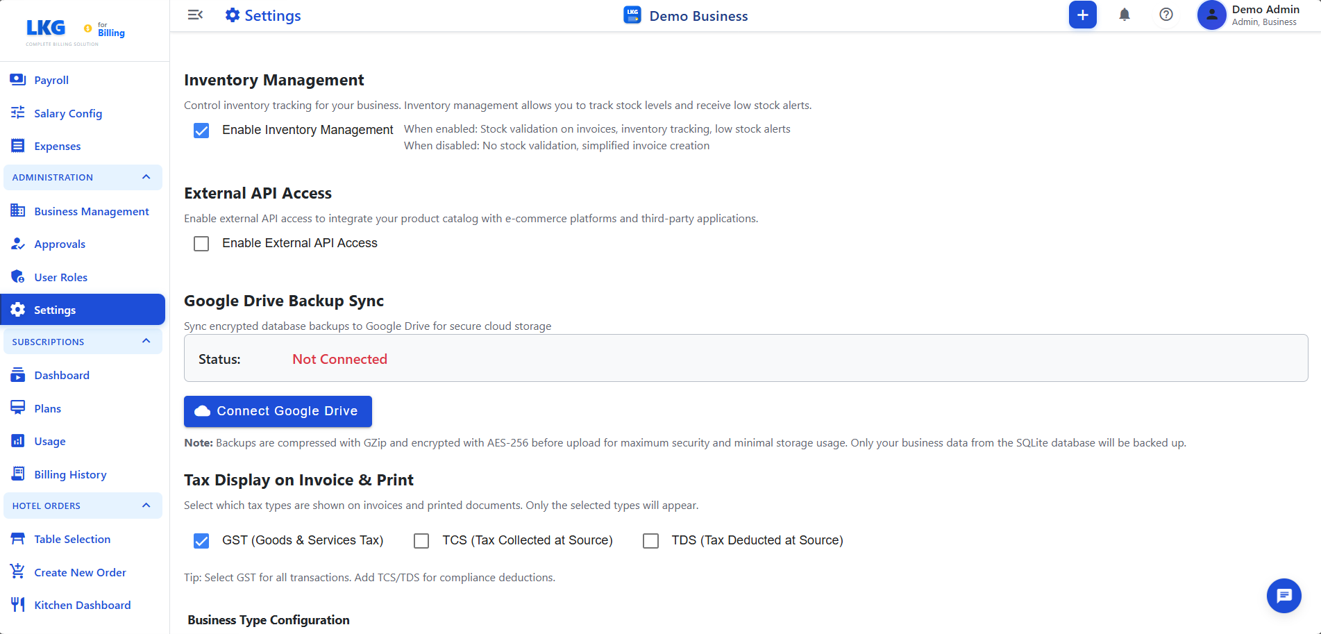 Configurações - Inventário, Acesso à API, Google Drive, Exibição de Impostos e Tipo de Negócio