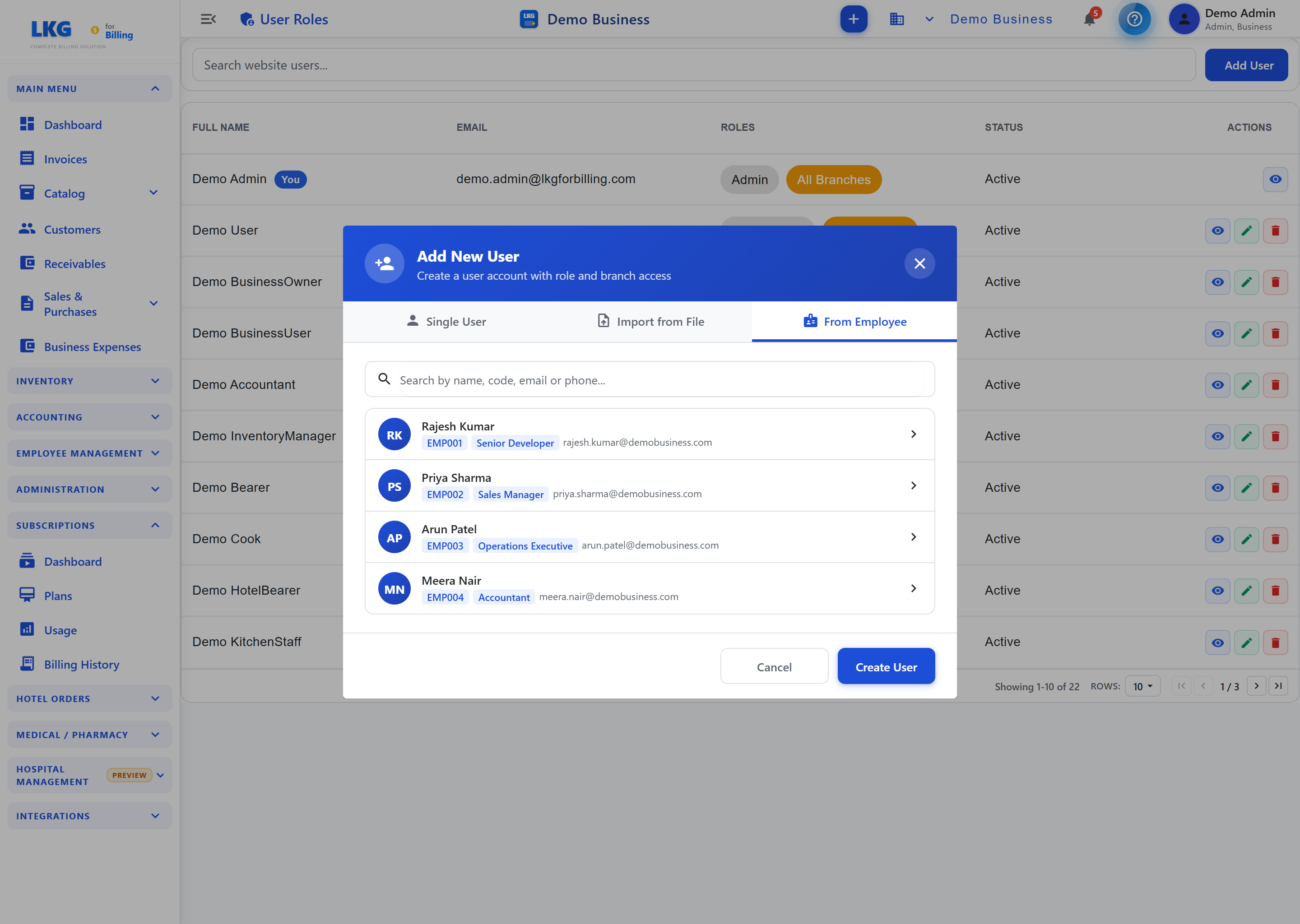 Add New User — From Employee tab