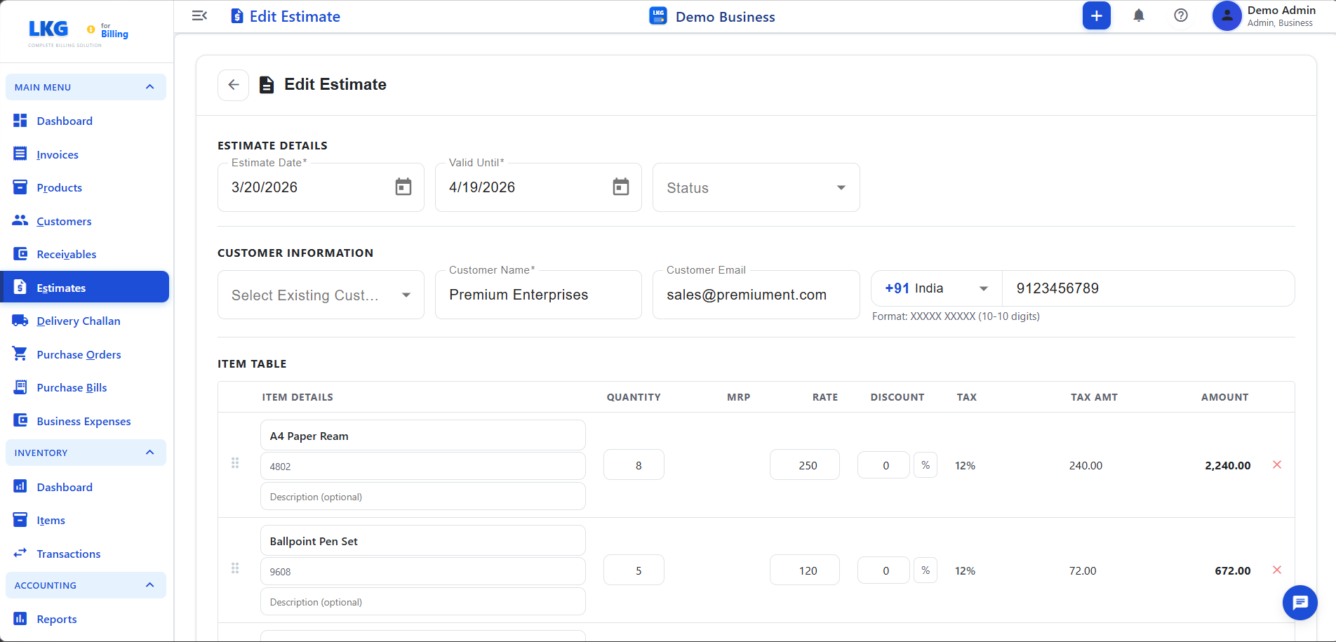 Create Estimate — Top