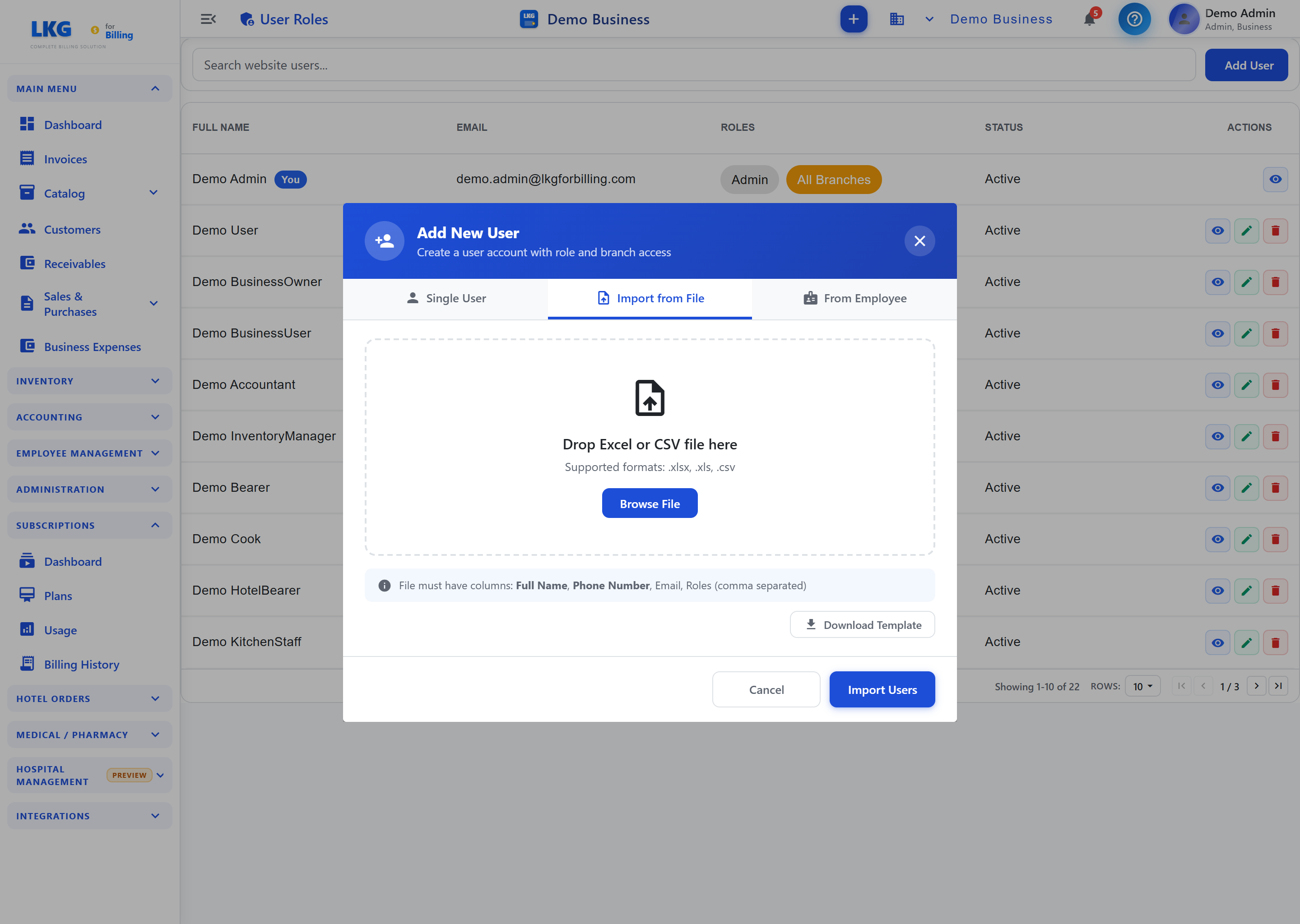 Add New User — Import from File tab